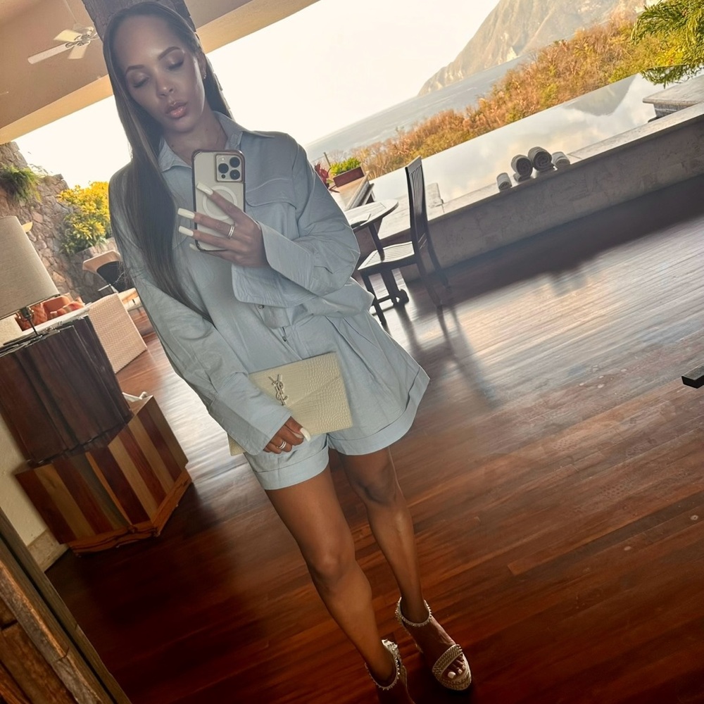 Light Blue Belted Jacket and Shorts Set